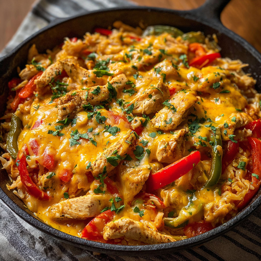 A delicious meal of chicken and peppers in a skillet, served in a cast iron skillet.
