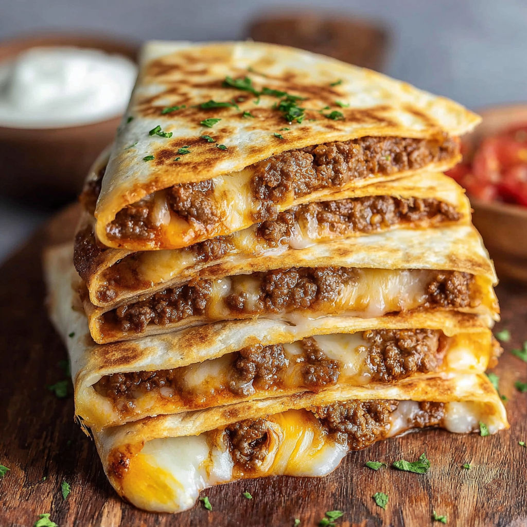 A stack of delicious Mexican quesadillas with cheese and meat filling, ready to be enjoyed.