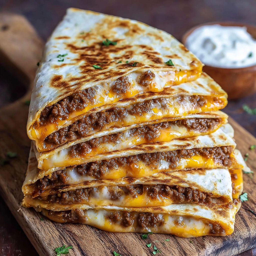 A stack of quesadillas with a bowl of sour cream on the side.