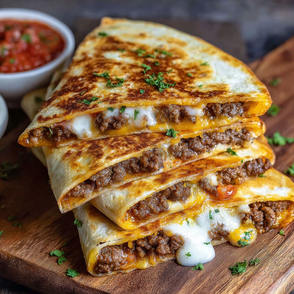 A stack of delicious Mexican quesadillas with cheese and meat fillings.