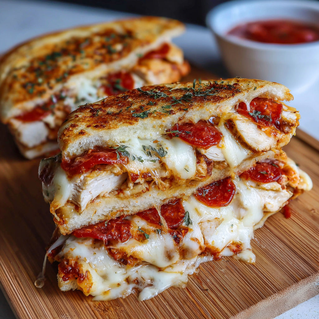 A delicious chicken sandwich with pepperoni and cheese on a wooden cutting board.