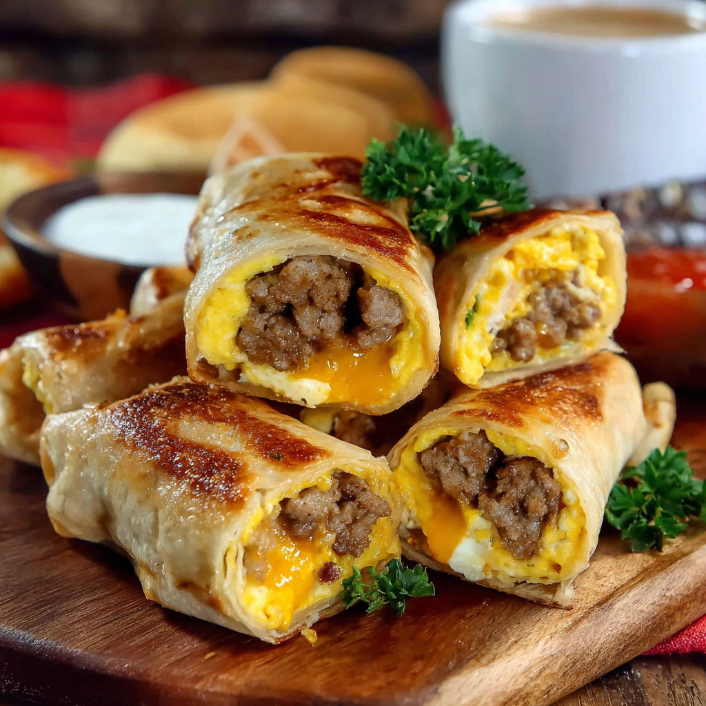 A delicious breakfast sandwich is served on a wooden cutting board, accompanied by a cup of coffee.