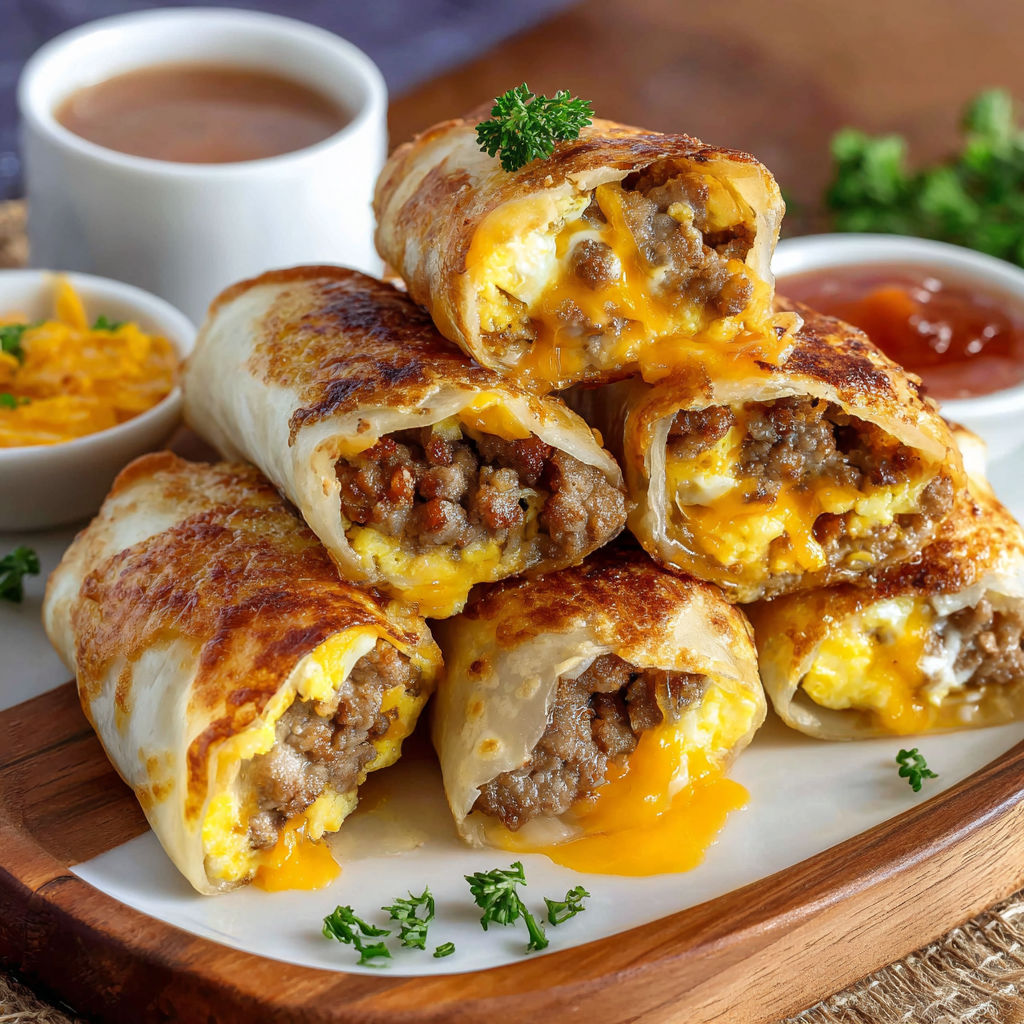 A plate of delicious breakfast burritos with cheese and meat fillings.