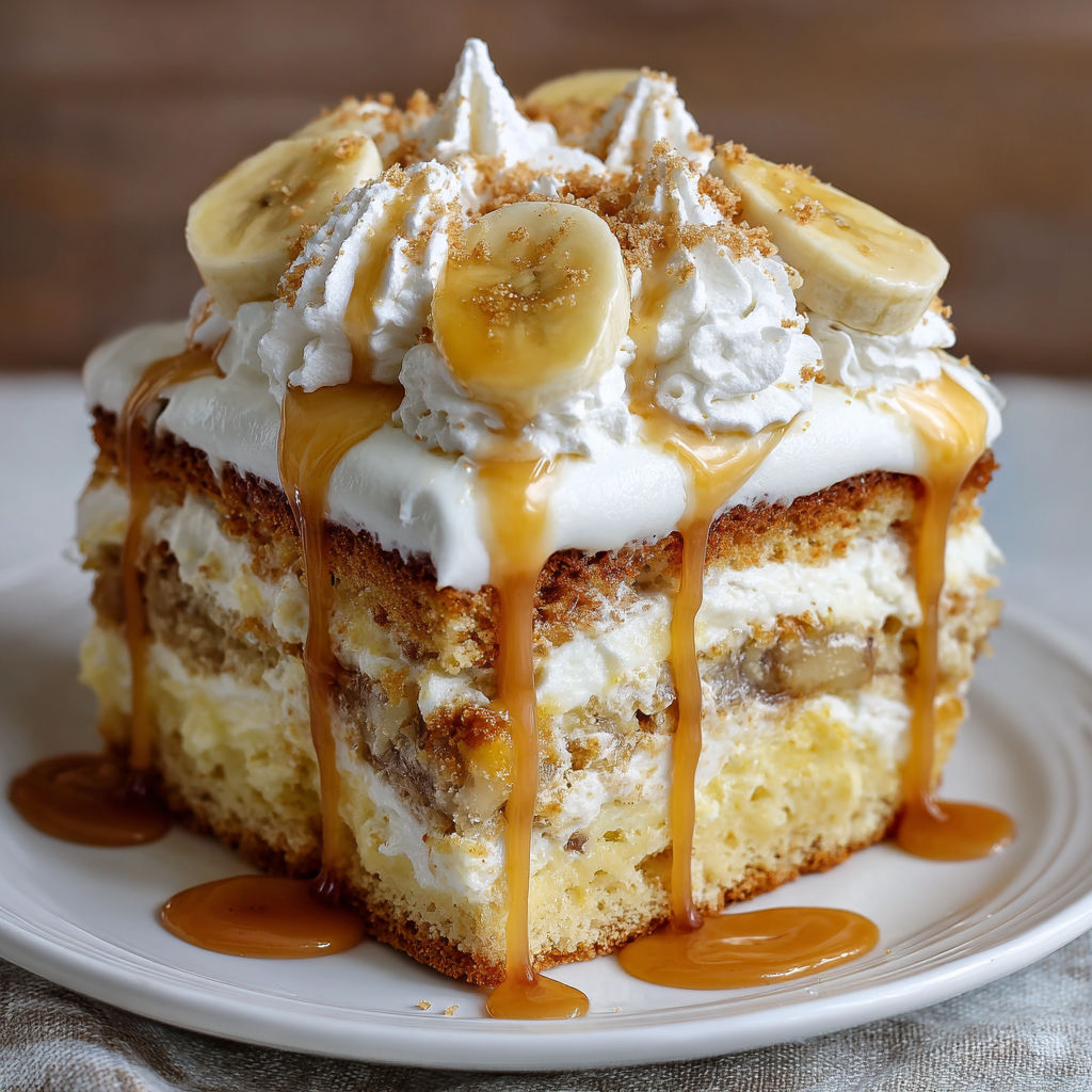 A slice of Banana cake with caramel drizzle on a white plate.