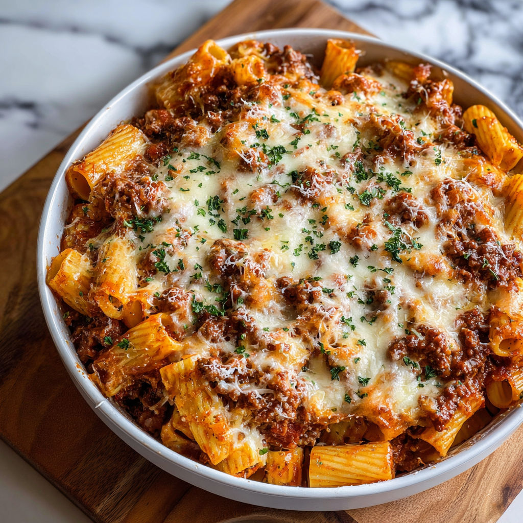 A delicious pasta dish with meat and cheese, served in a white bowl.