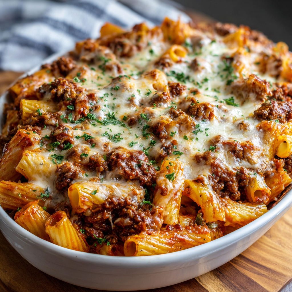 A delicious homemade lasagna with a generous amount of cheese and meat.