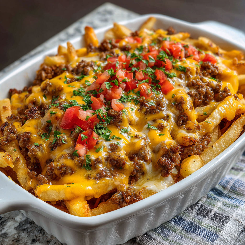 A delicious meal of chili cheese fries with tomatoes and onions.