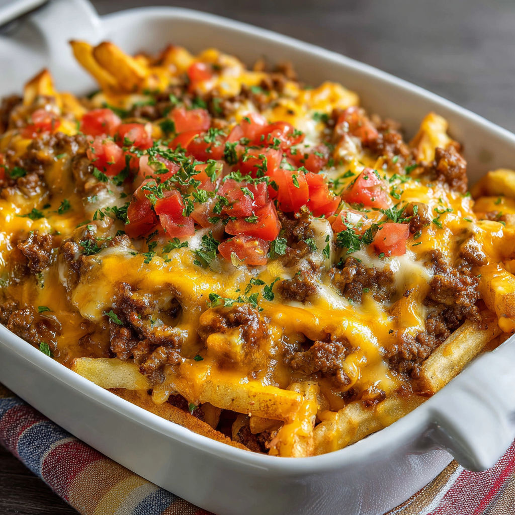 A delicious cheese and tomato fries dish served in a white bowl.