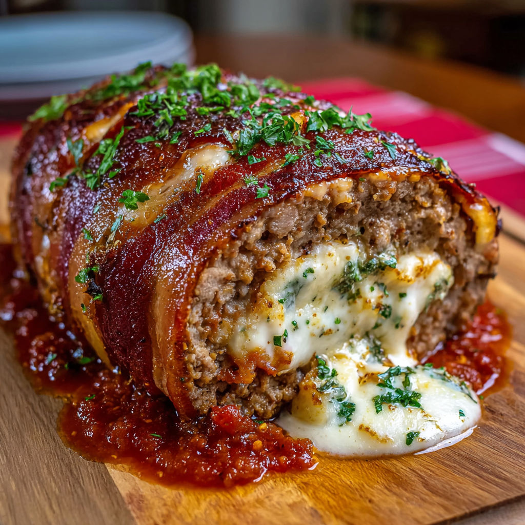 A delicious meat and cheese roll is served on a wooden cutting board.