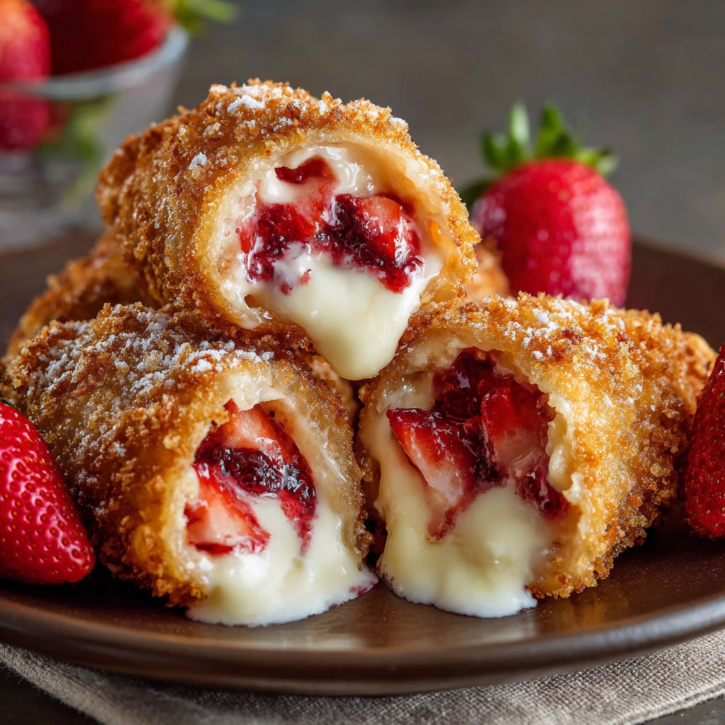 A plate of deep-fried strawberry cream rolls with powdered sugar on top.