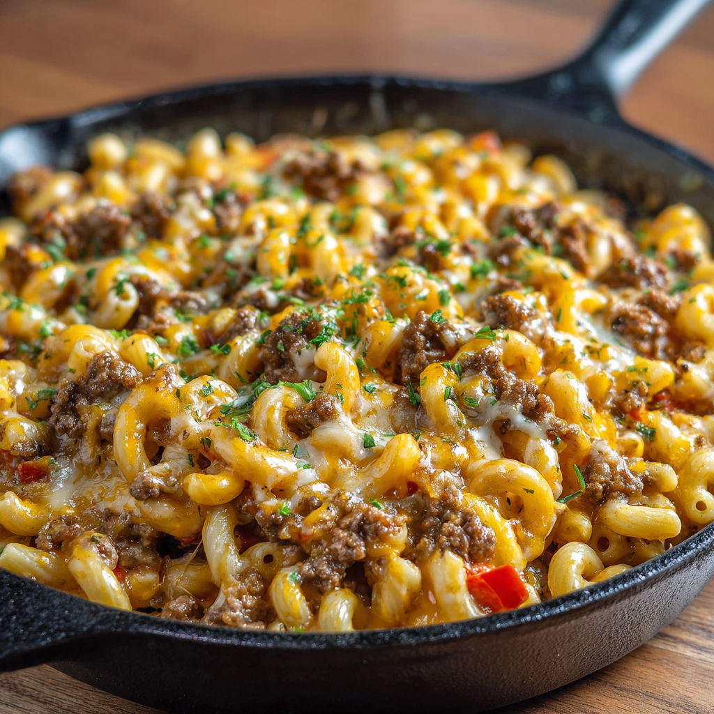 A delicious macaroni and cheese dish is cooked in a skillet.