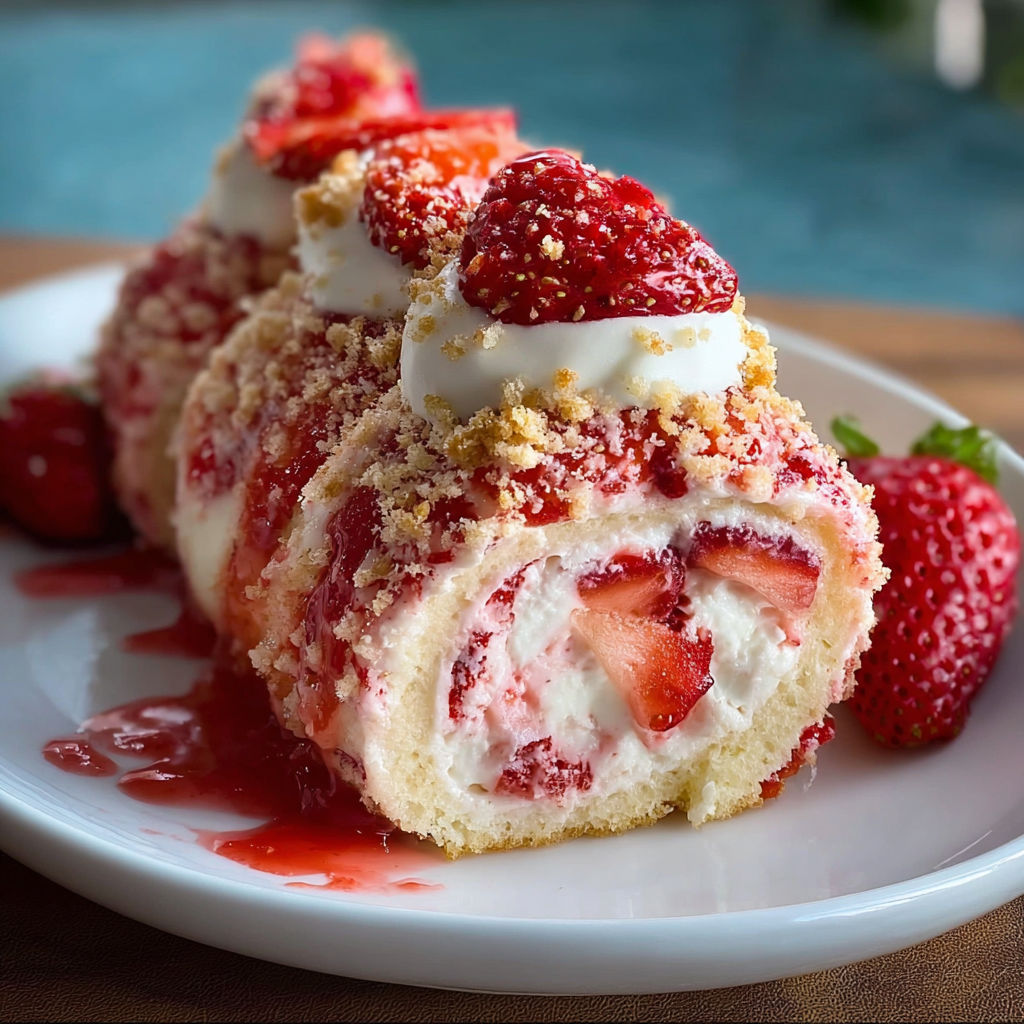 A delicious dessert roll with strawberries and whipped cream on a white plate.