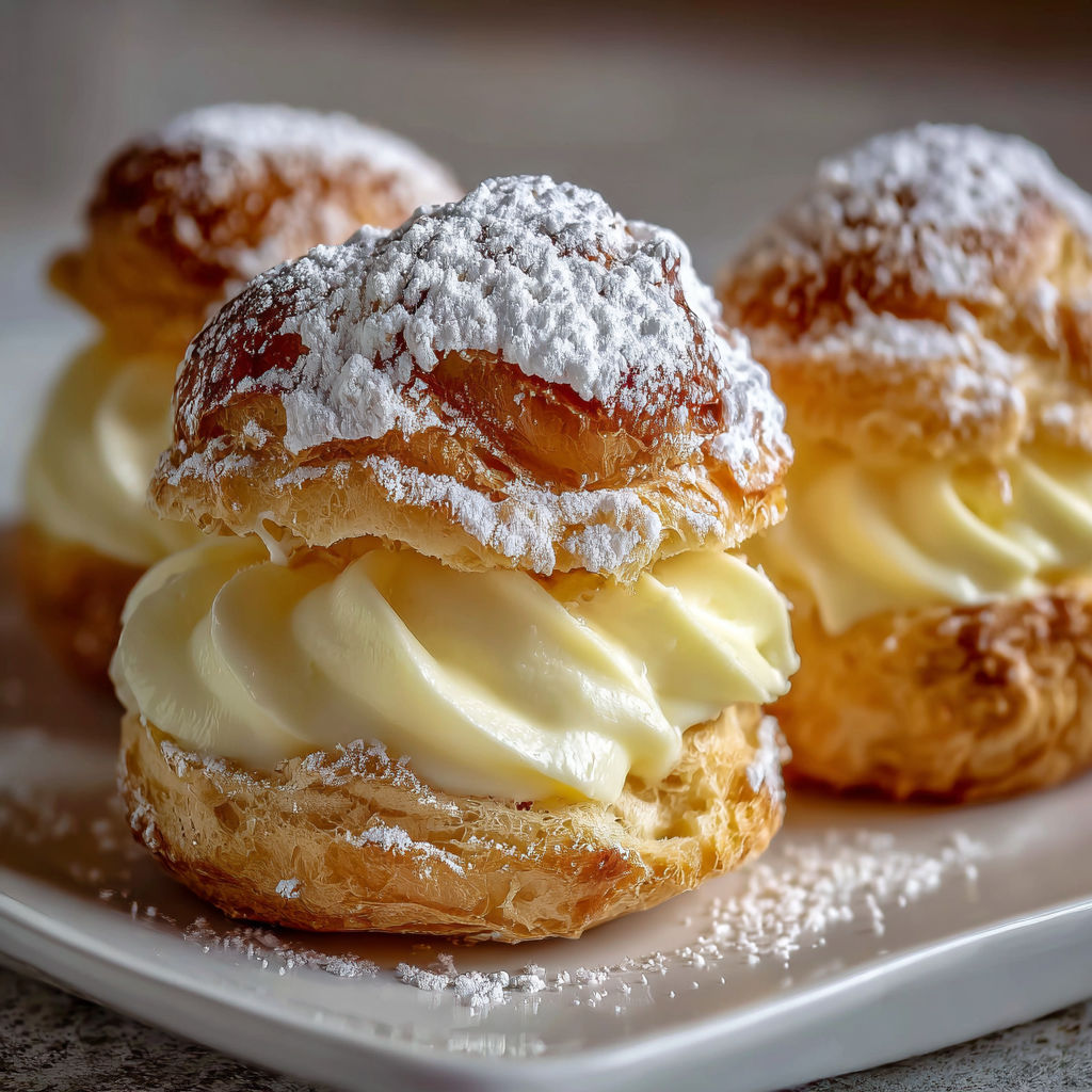A plate of three delicious looking cream filled pastries, possibly ebelskives, are covered in powdered sugar.