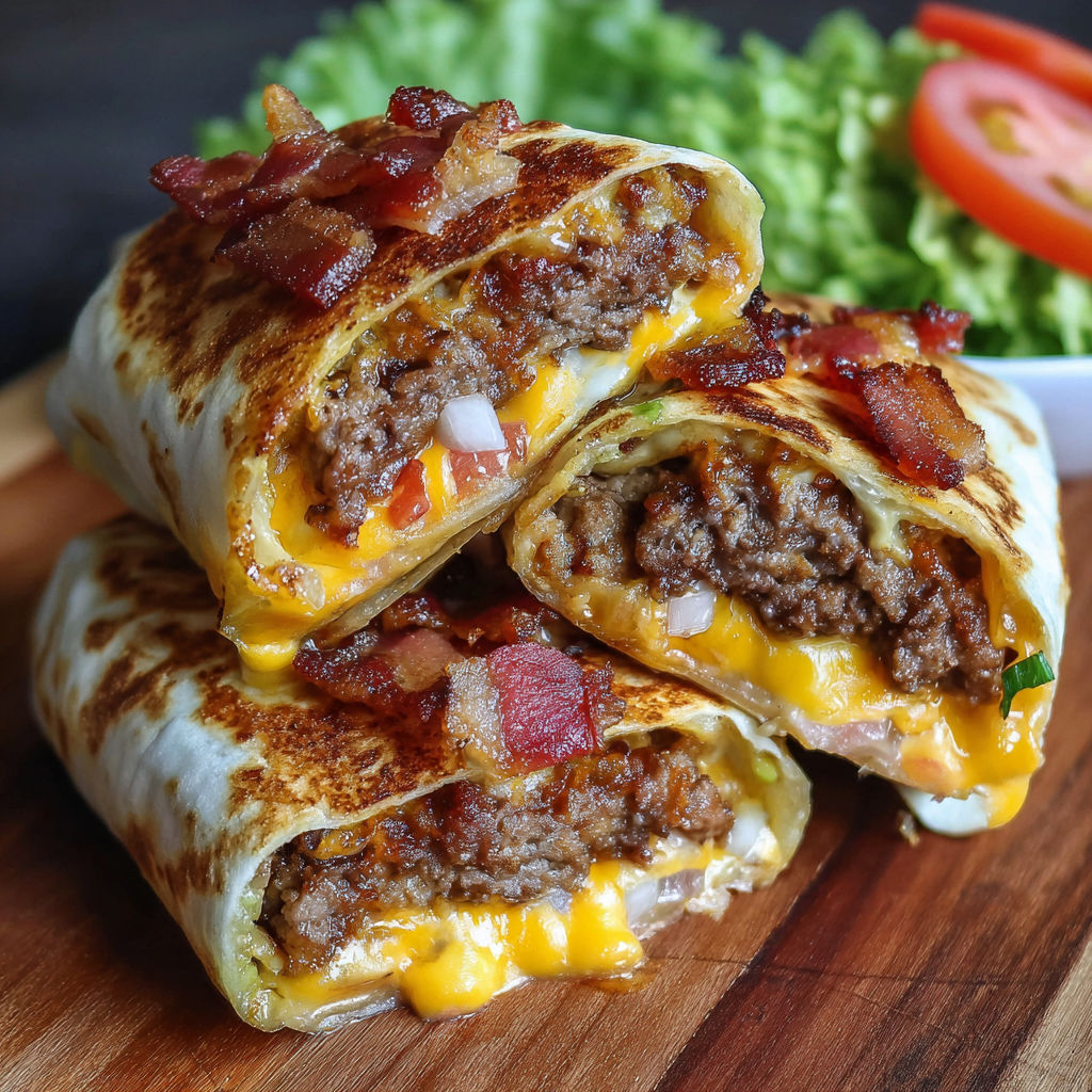 A delicious bacon and cheese burrito is served on a wooden cutting board.