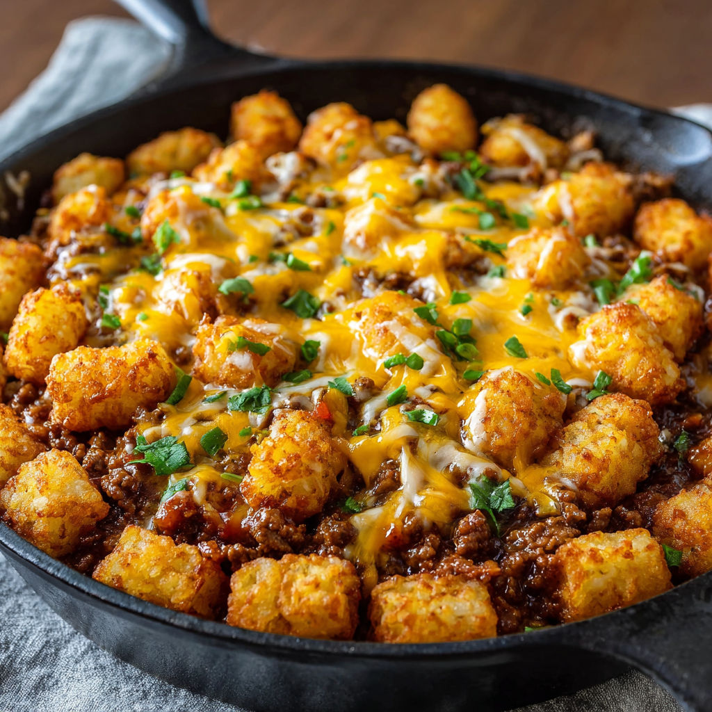 A delicious tater casserole with cheese and bacon, served in a black skillet.