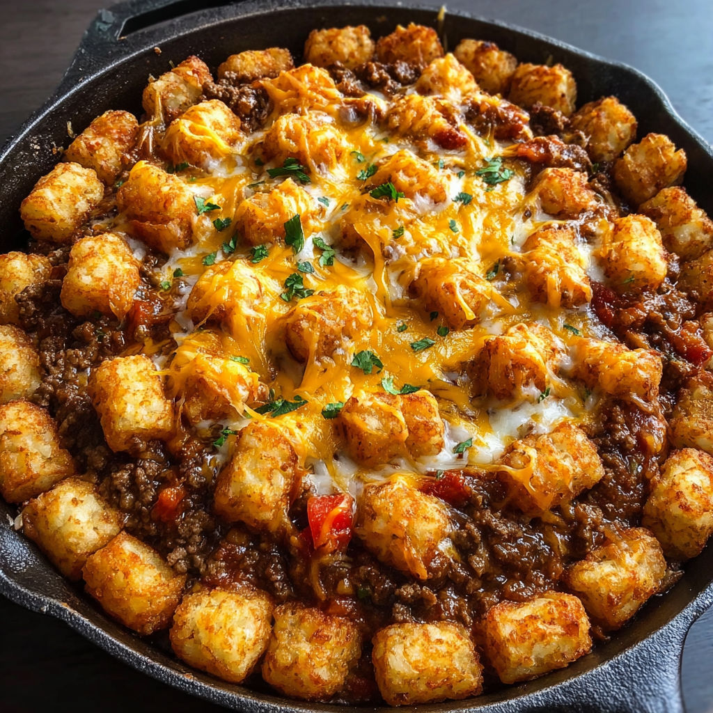 A delicious looking casserole dish filled with cheese, tomatoes, and tater tots.