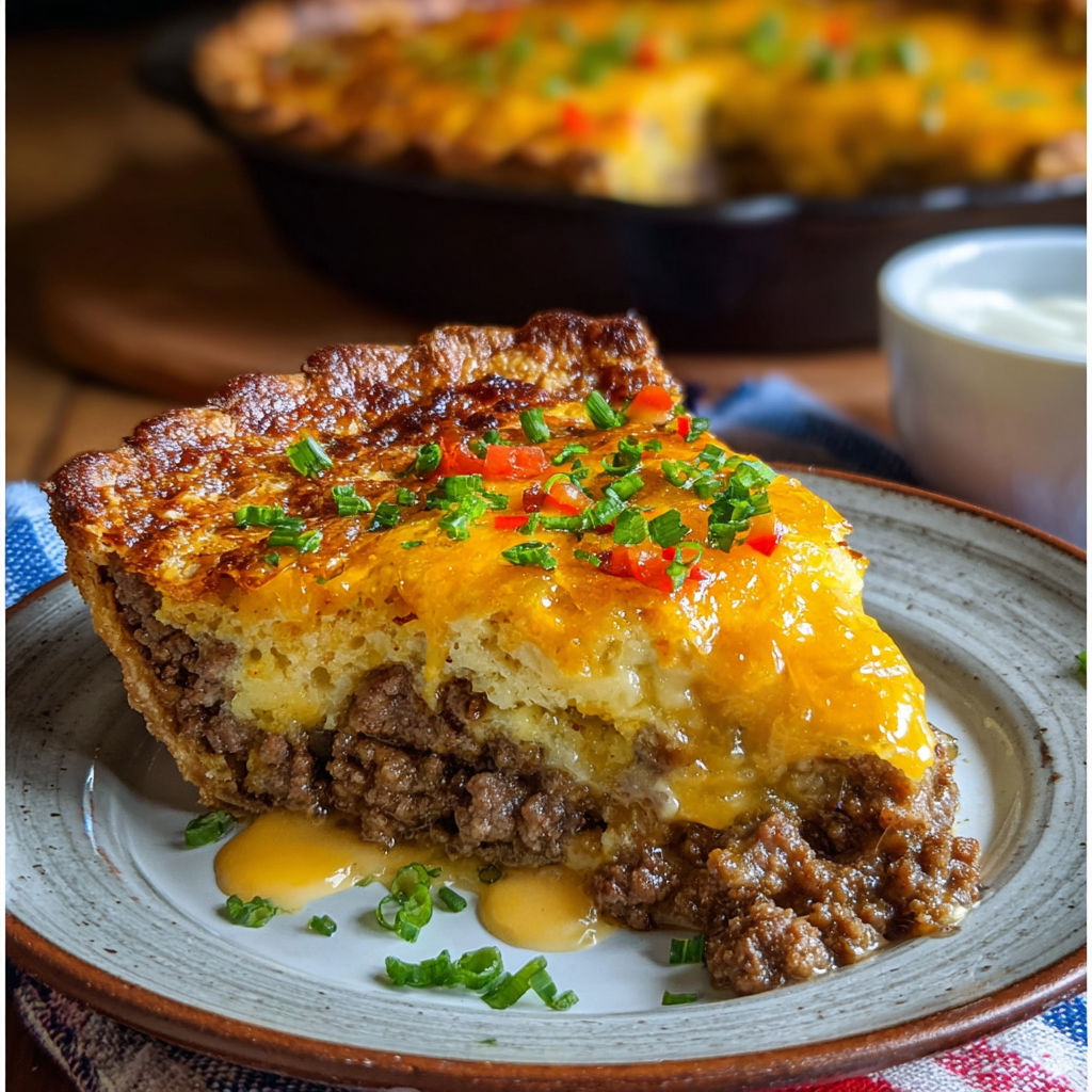A slice of cheesy meat pie is served on a plate, accompanied by a bowl of sauce.