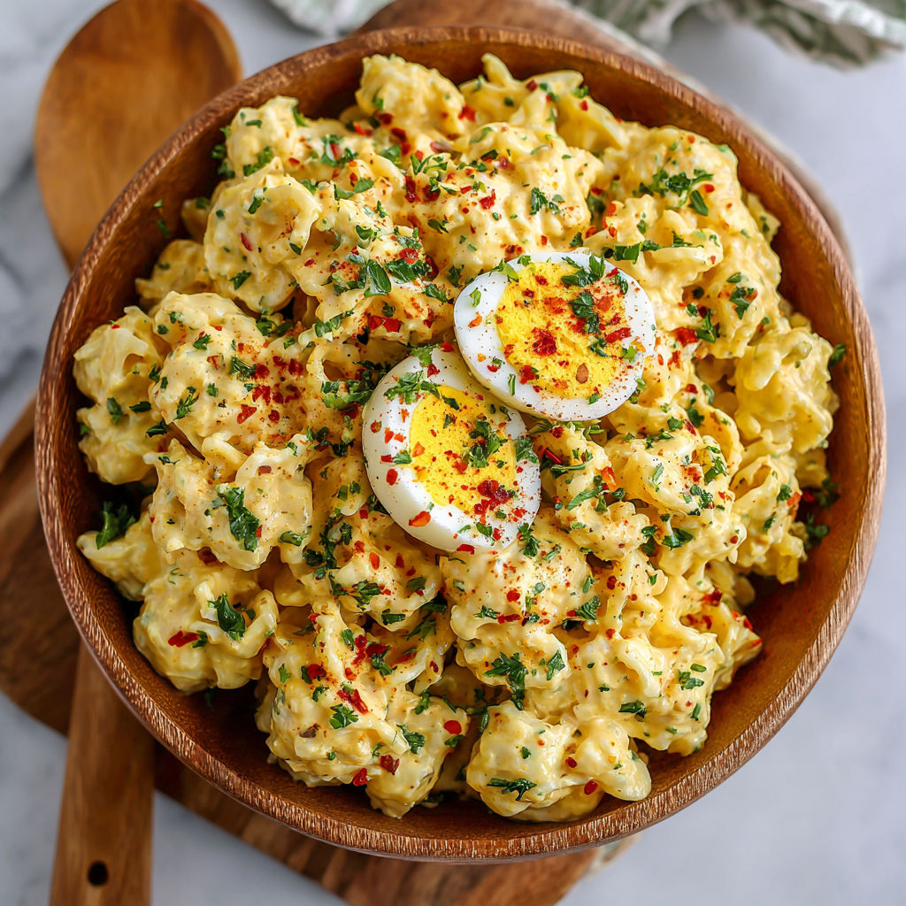 A bowl of scrambled eggs with red peppers and herbs on top.