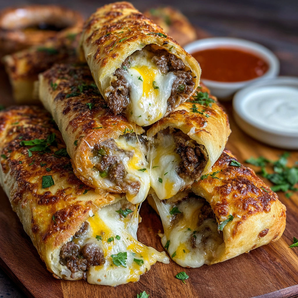 A stack of meat and cheese filled pastries on a wooden cutting board.
