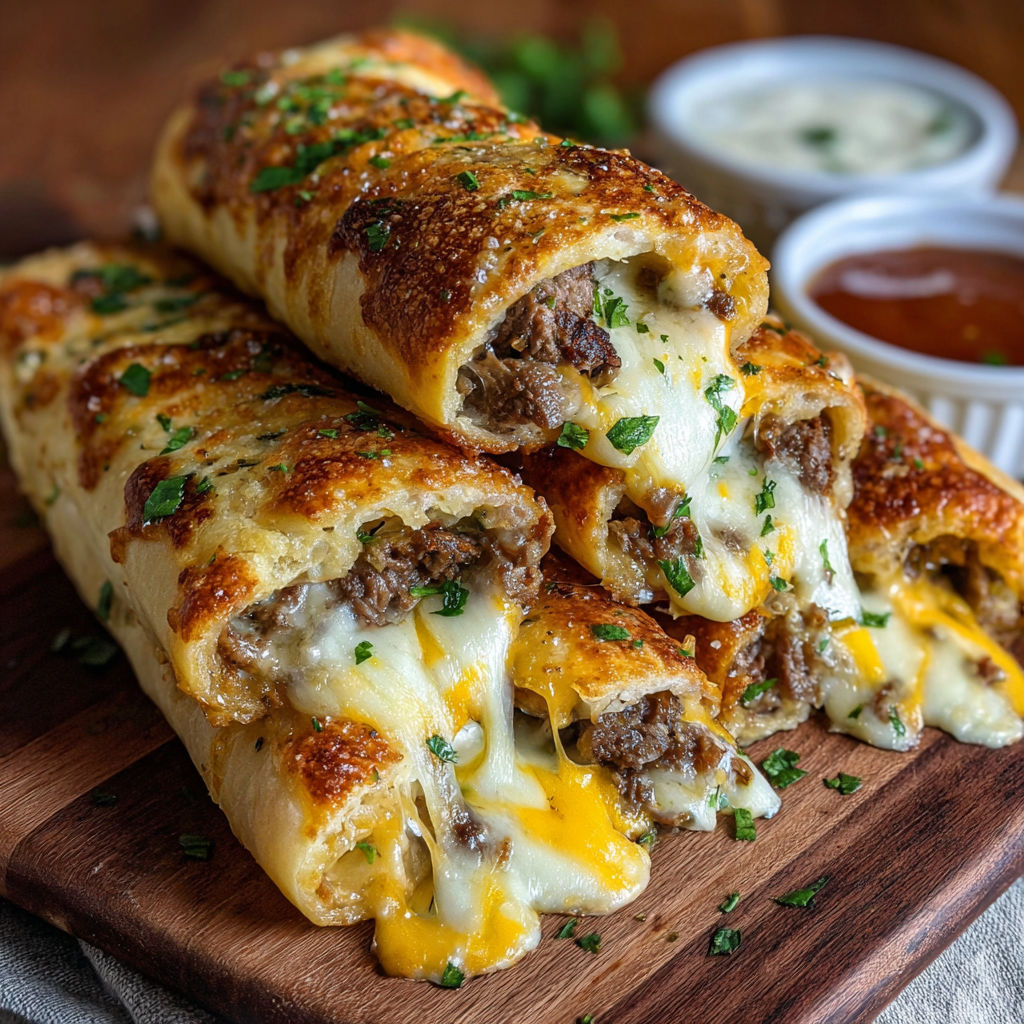 A delicious meal of meat and cheese filled calzones, served with a side of marinara sauce.