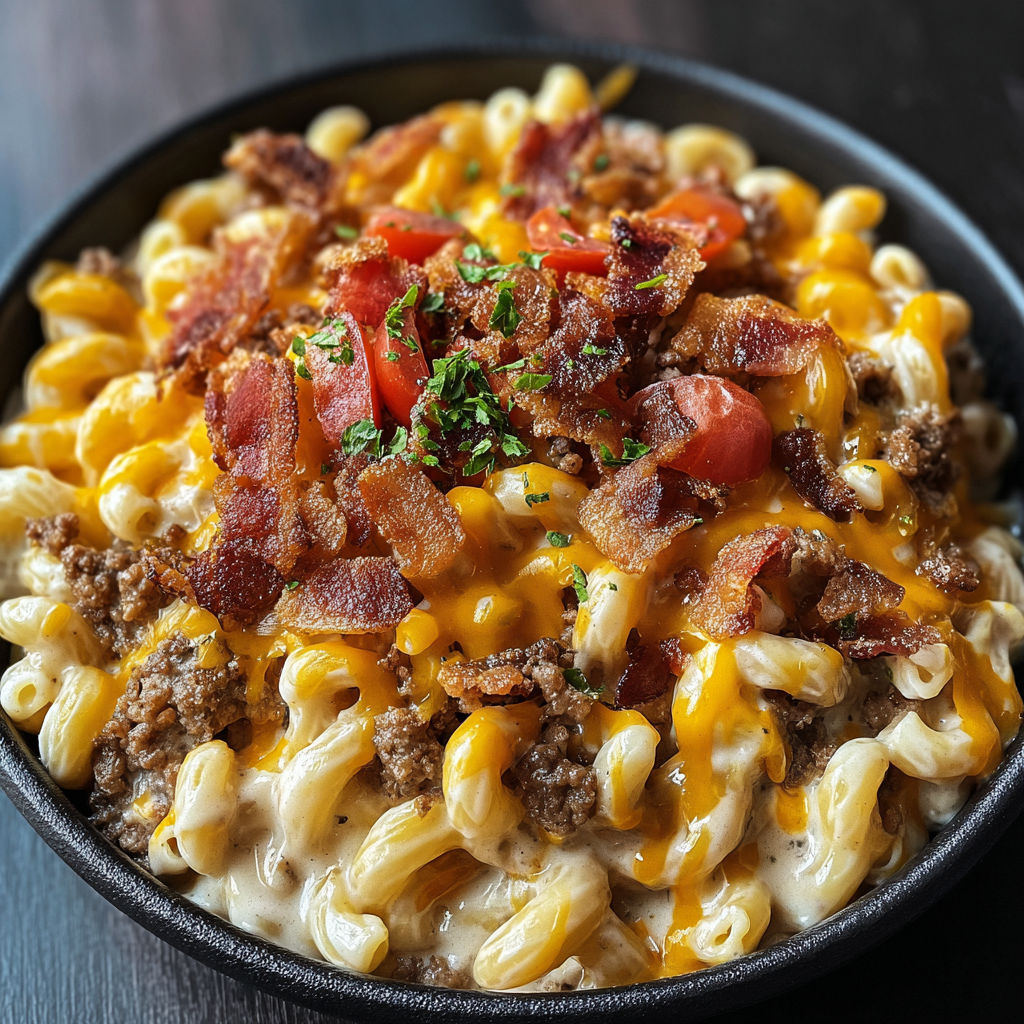 A bowl of macaroni and cheese with bacon and tomatoes on top.