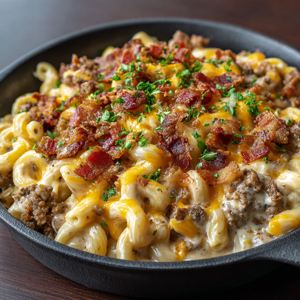 A delicious bacon and cheese macaroni dish is served in a black bowl.