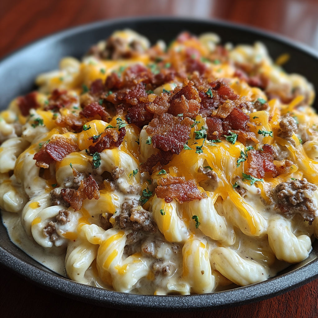 A delicious macaroni and cheese dish with bacon and sausage, served in a black bowl.