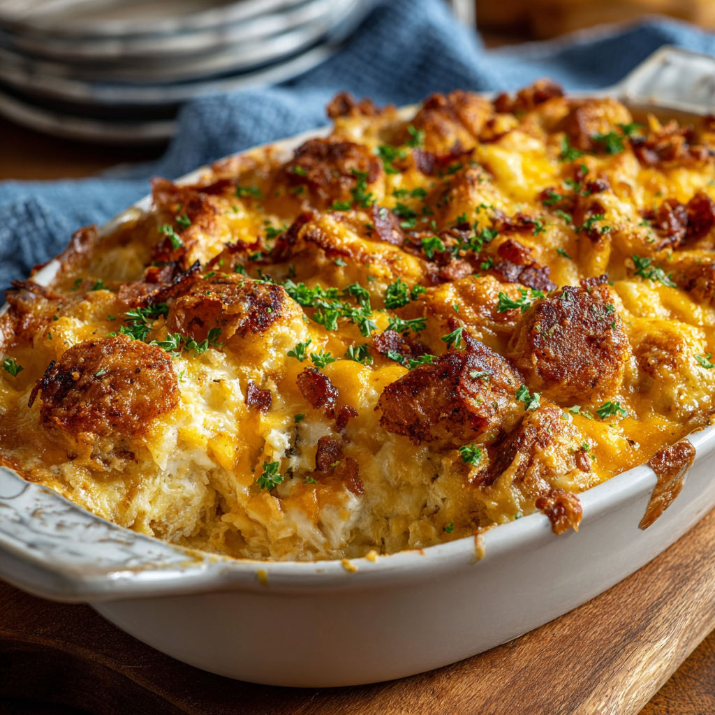 A delicious casserole dish filled with cheesy, crispy bacon and potatoes, ready to be served.