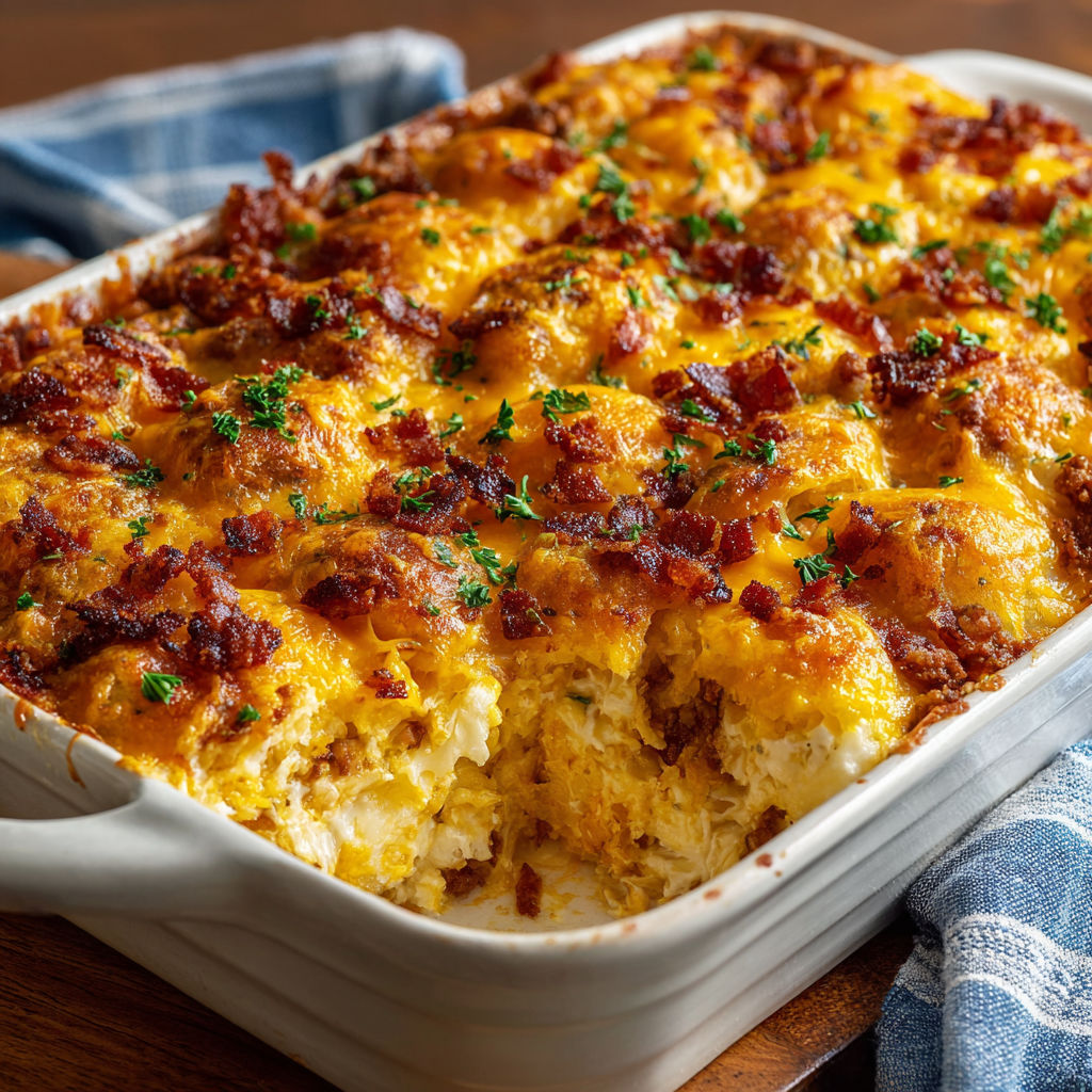 A delicious bacon and cheese casserole is ready to be served.