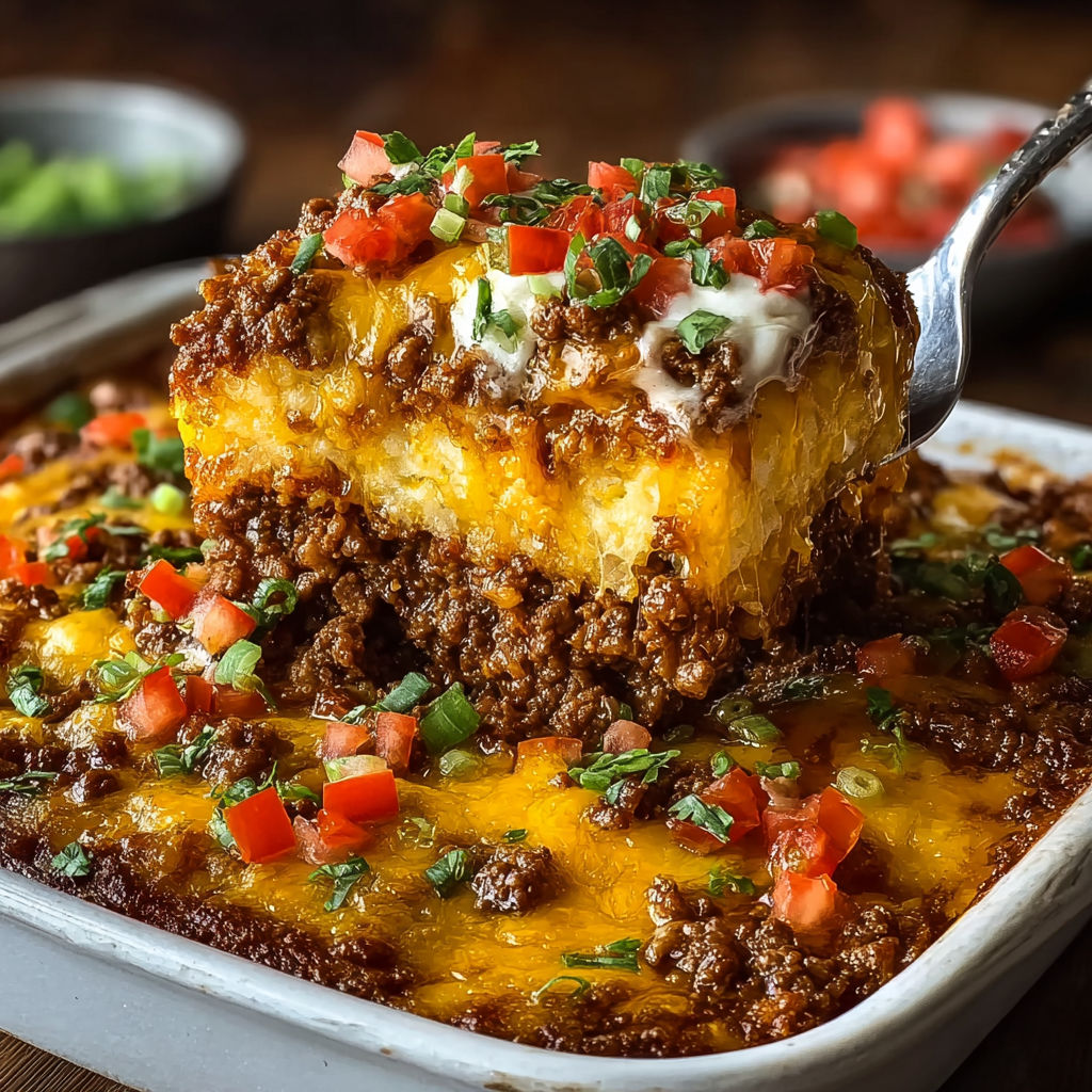 A delicious beef and tomato casserole is served in a white dish.