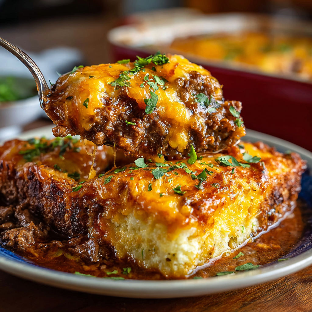 A plate of food with a fork in it, the food appears to be a meat and cheese dish.