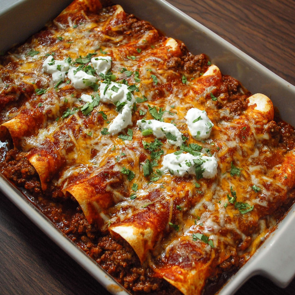 A delicious homemade enchilada casserole with a generous amount of cheese and sour cream.