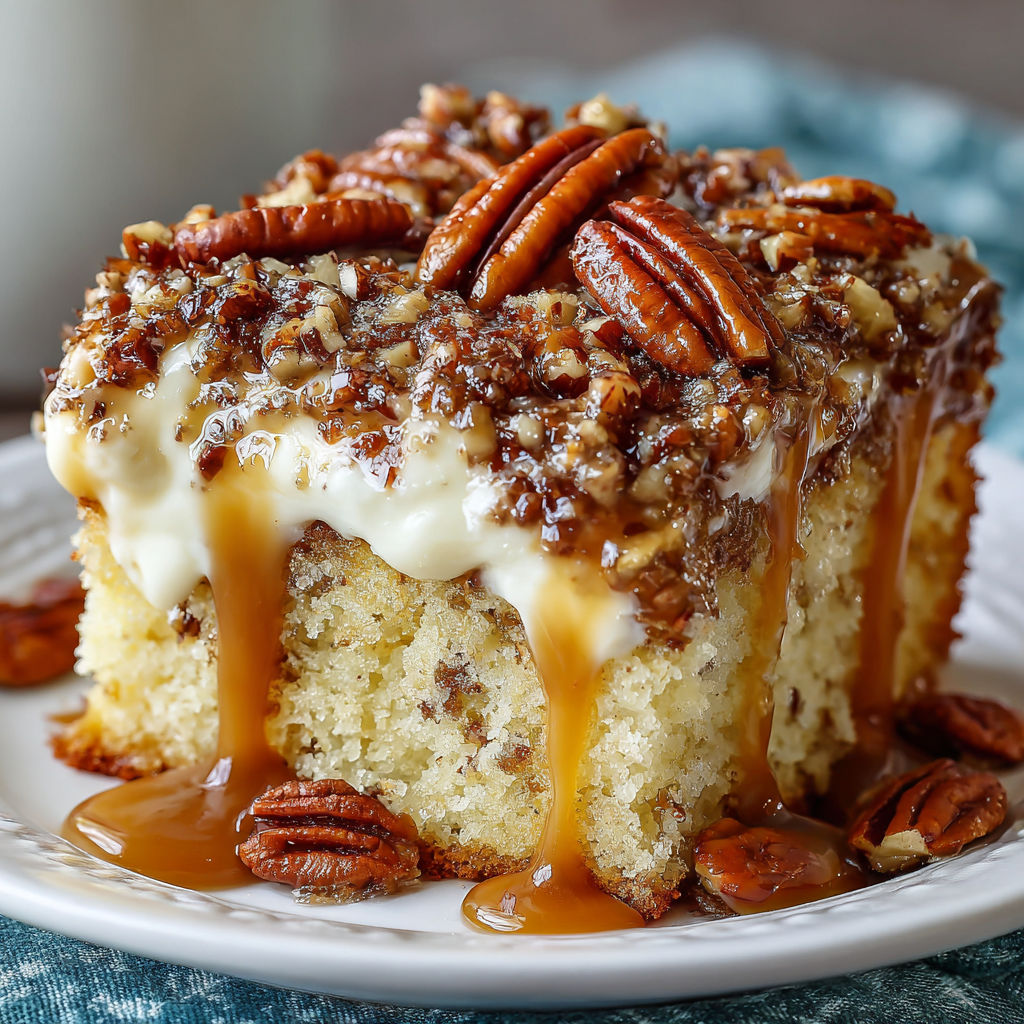 A slice of cake with a drizzle of caramel sauce on top.