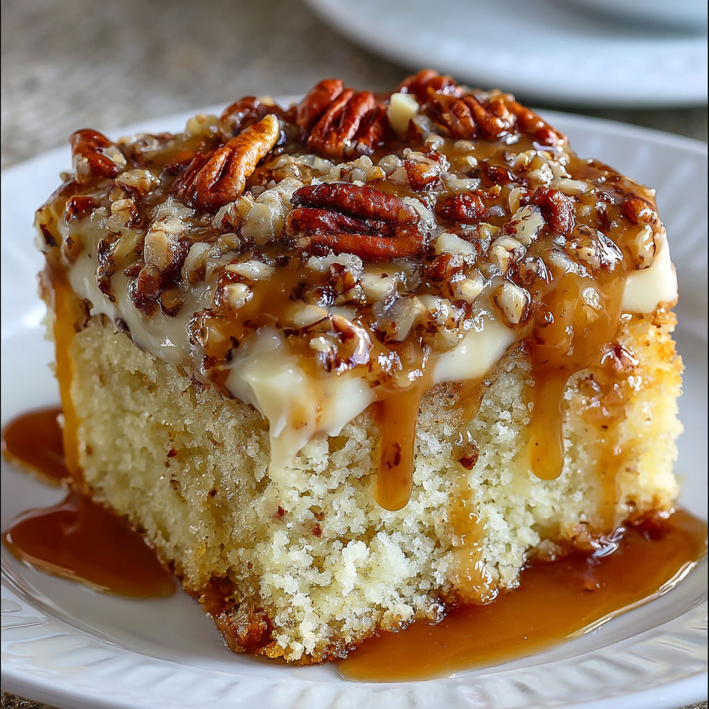 A slice of cake with caramel sauce drizzled on top.