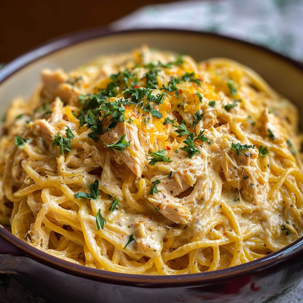 A bowl of pasta with chicken and herbs, possibly a chicken Alfredo dish.