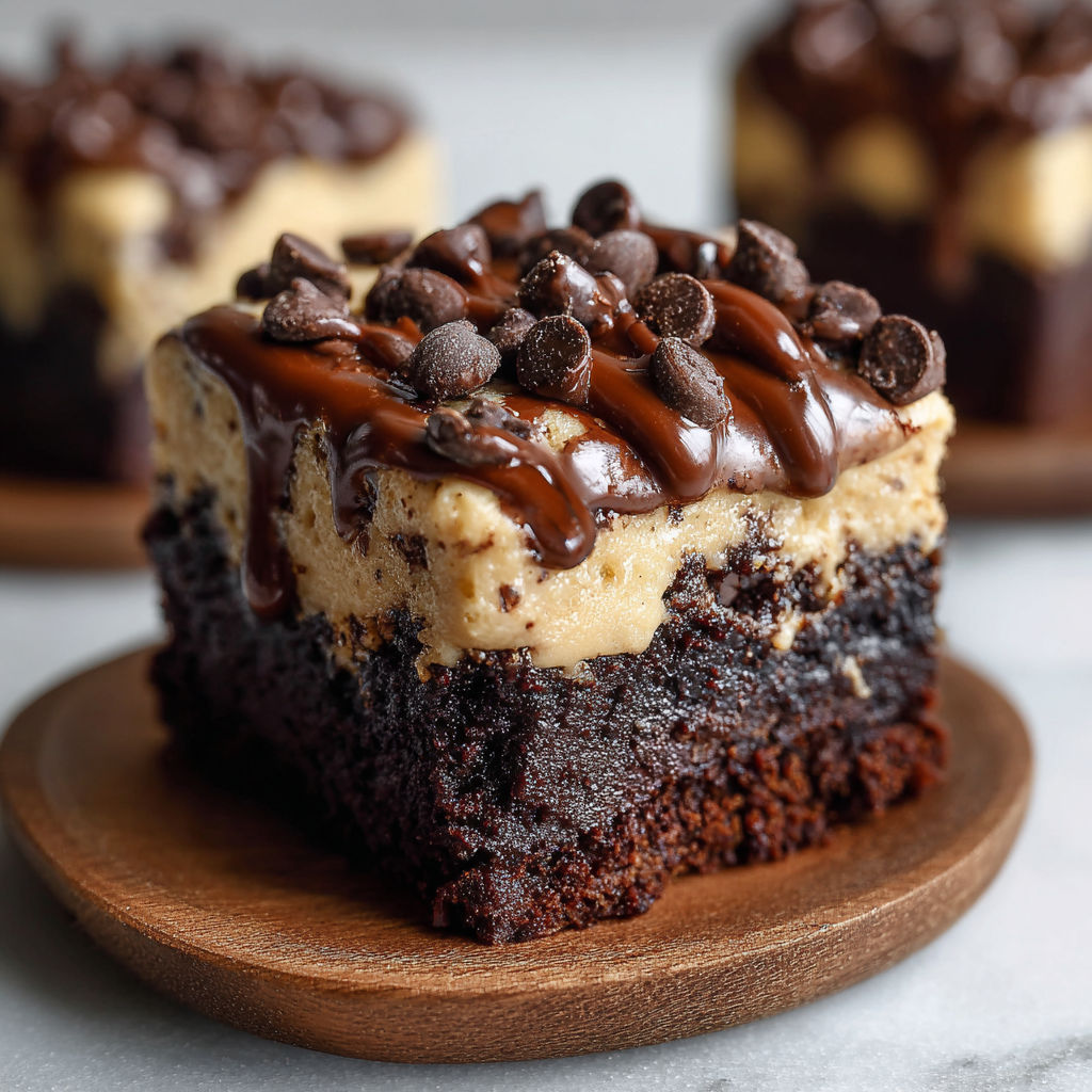 A close up of a chocolate dessert with chocolate drizzle and chocolate chips.