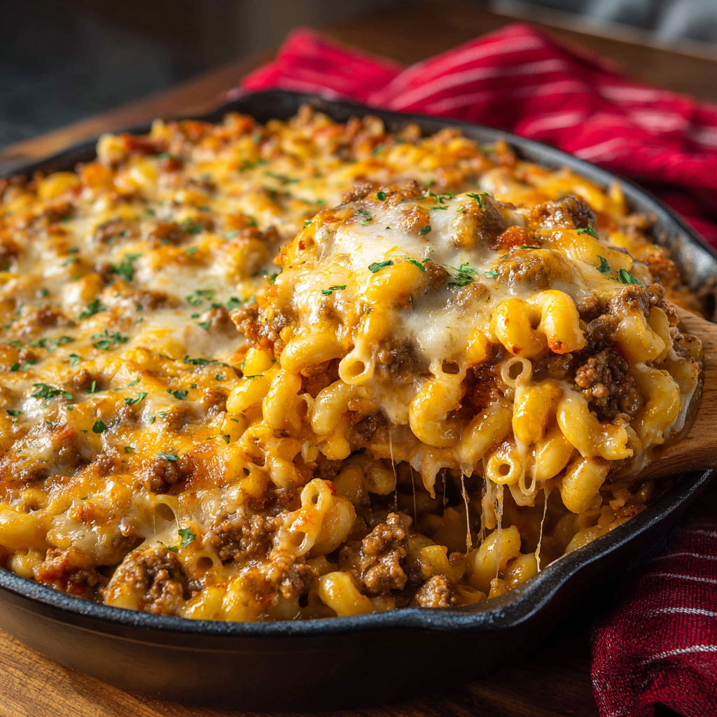 A delicious cheesy macaroni and meat dish is served in a black skillet.