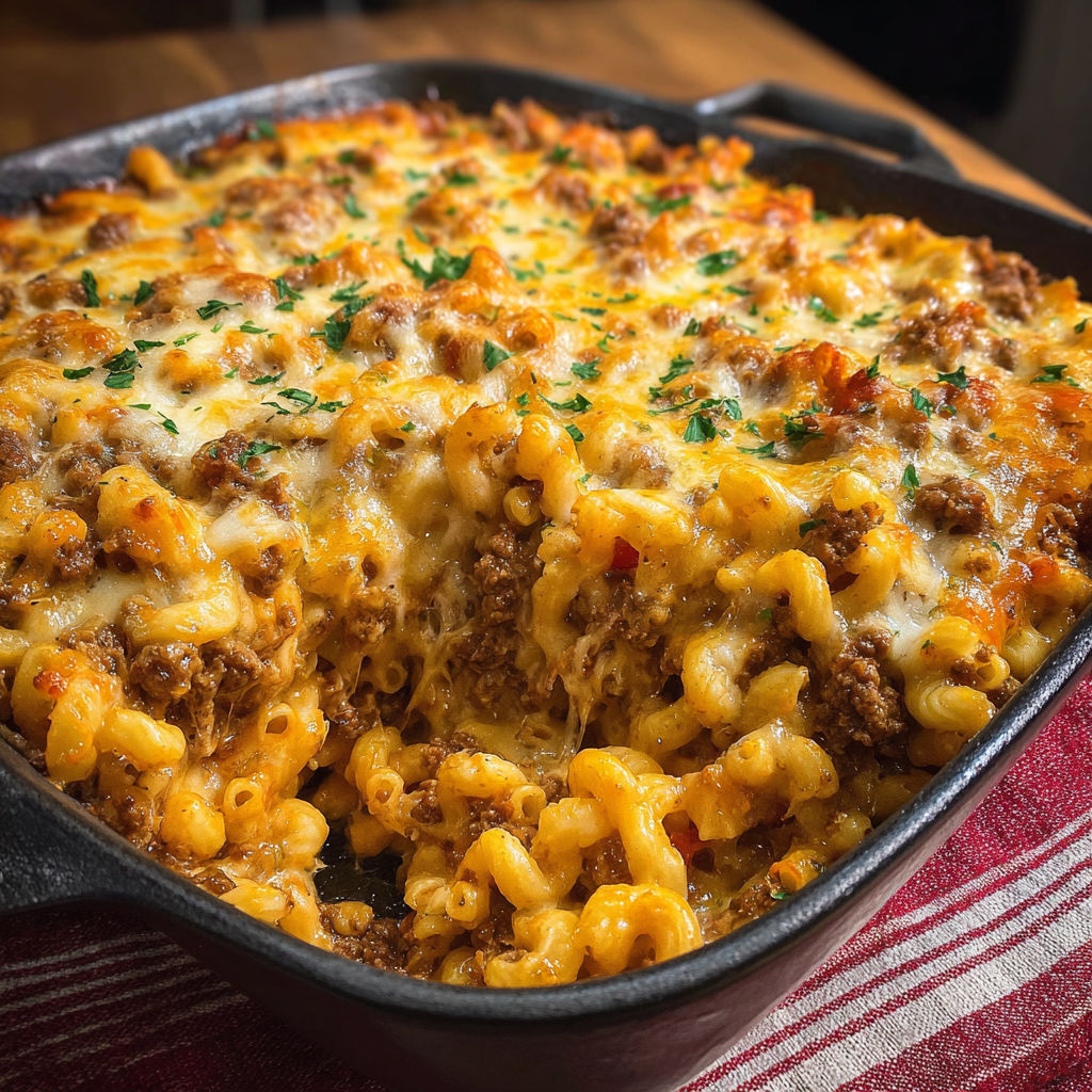 A delicious macaroni and cheese dish with meat and vegetables.