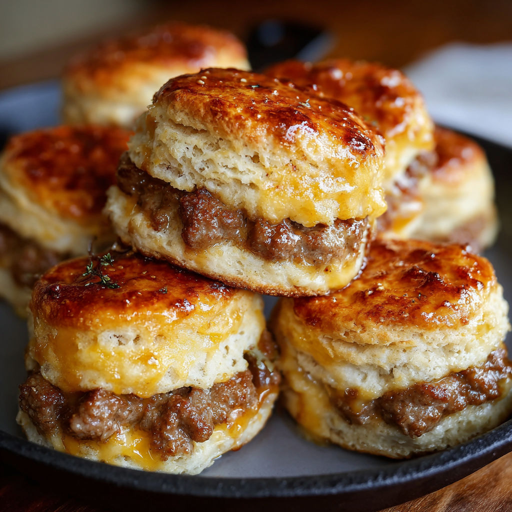 A plate of delicious meat and cheese biscuits.