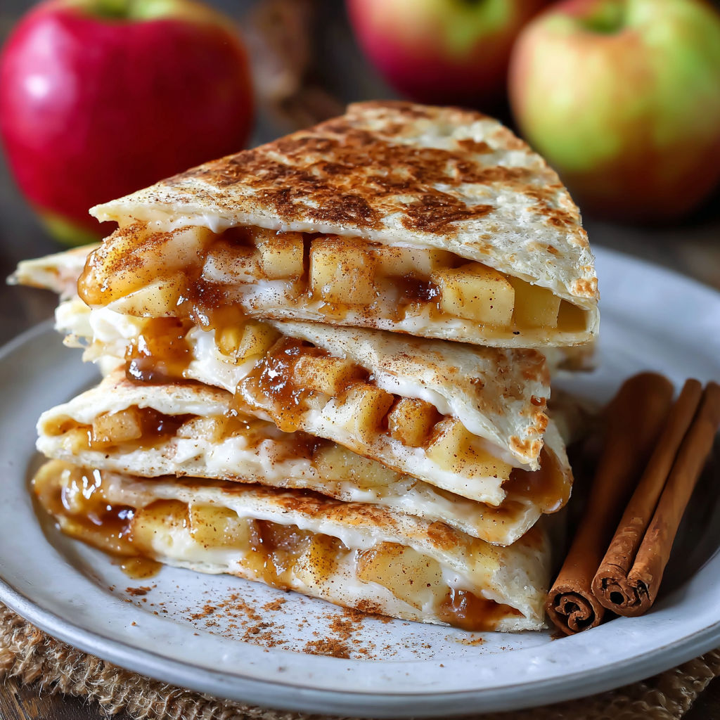 A stack of sandwiches with a sweet and savory filling, topped with cinnamon and sugar.