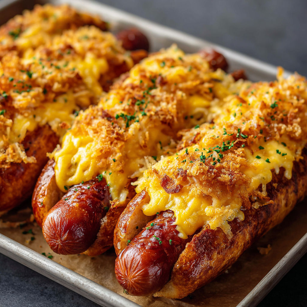 A delicious Crispy Hot Dog with cheese and bacon on top, served on a bun.