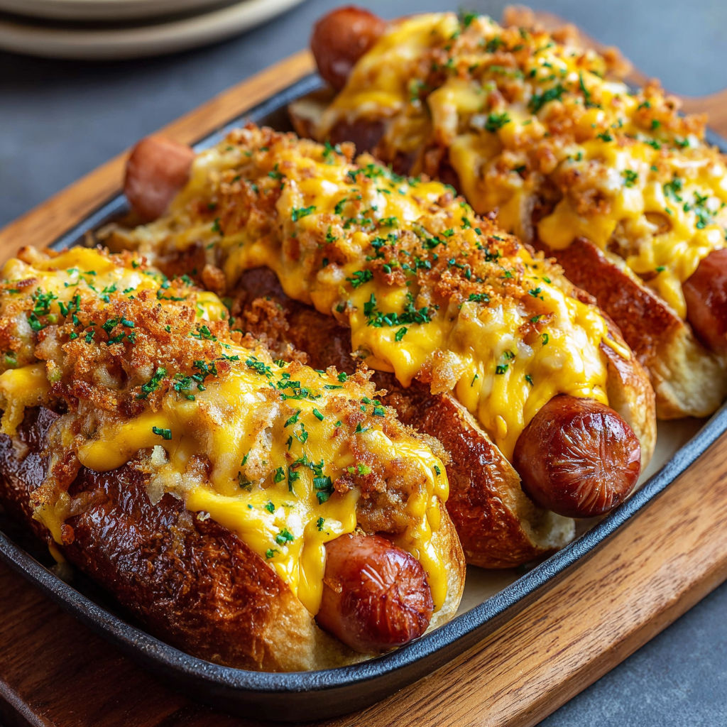 A delicious meal of cheesy hot dogs with bacon and onions, served in a cast iron skillet.