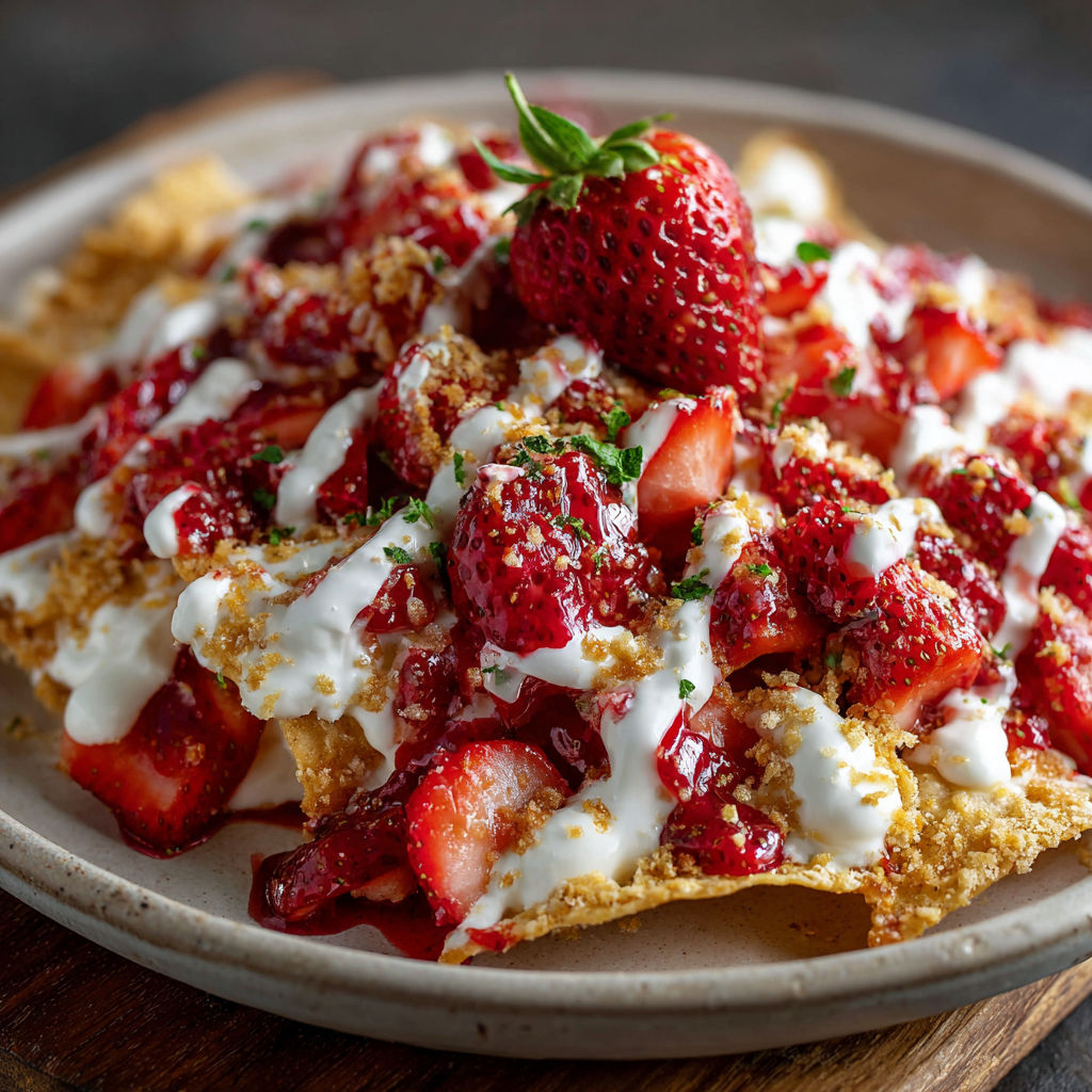 A delicious strawberry dessert with whipped cream and strawberries on top.