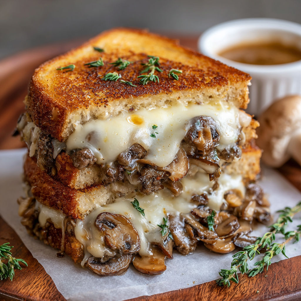 A delicious mushroom sandwich with cheese and mushrooms on a toasted bun.