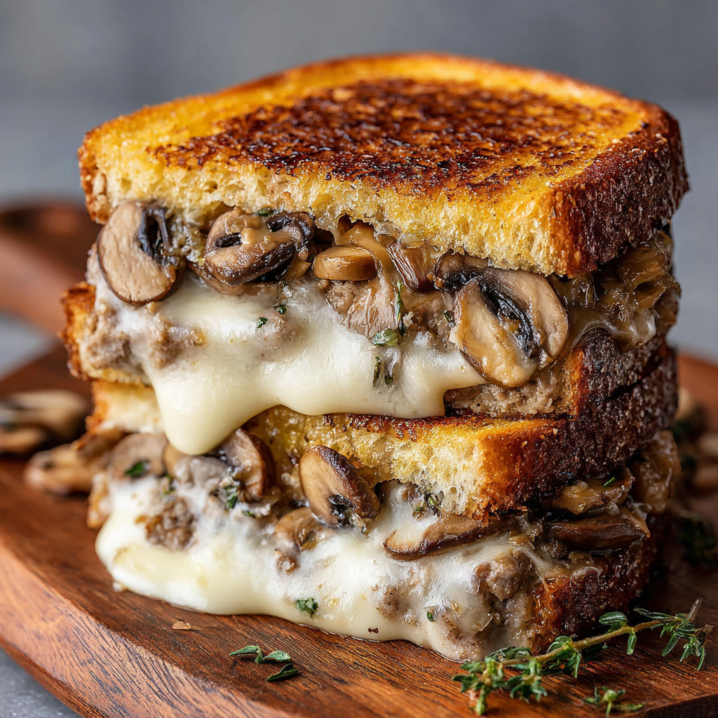 A stack of mushroom and cheese sandwiches on a wooden cutting board.