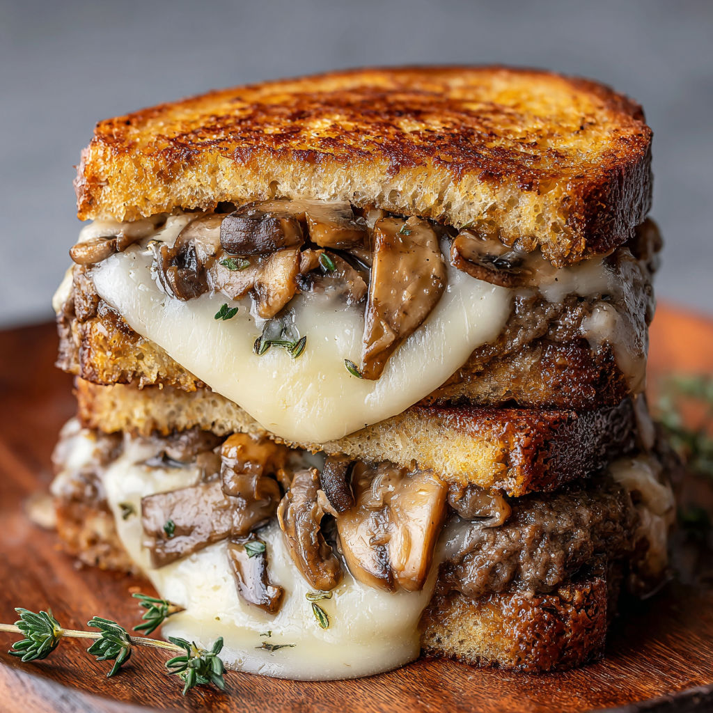 A stack of grilled cheese sandwiches with mushrooms on top.