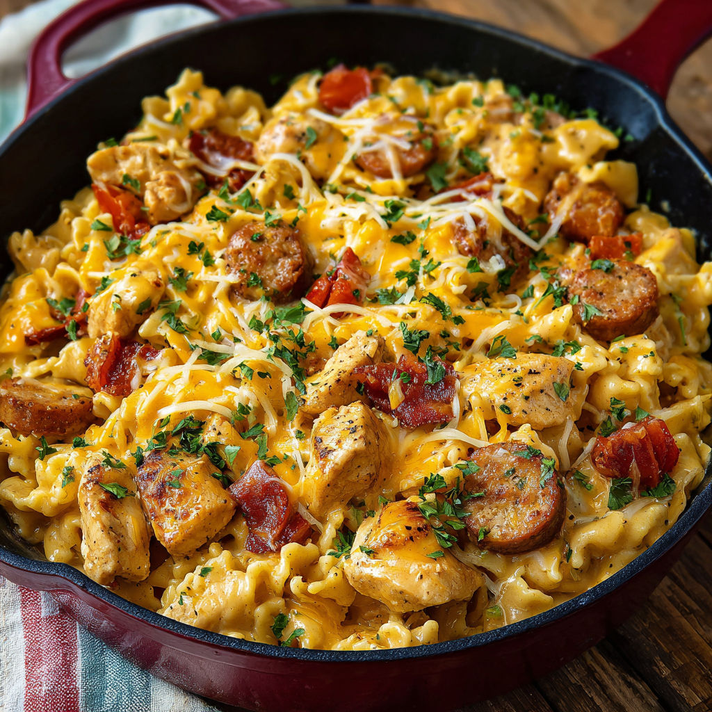 A delicious pasta dish with chicken, tomatoes, and cheese, served in a red pan.