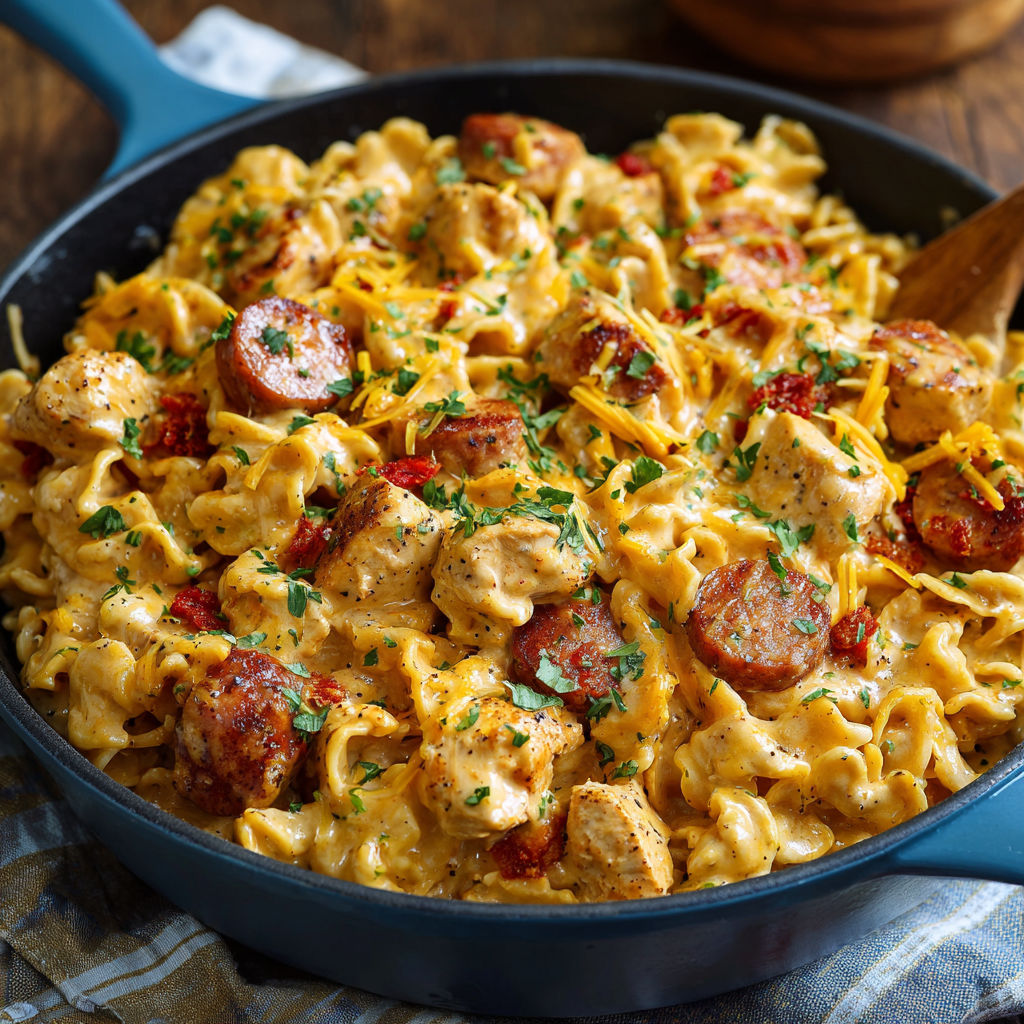 A delicious pasta dish with chicken, sausage, and cheese, served in a blue pan.