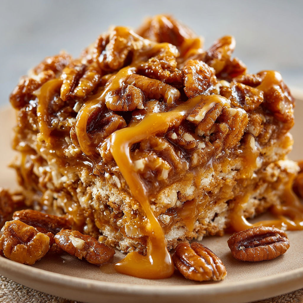 A delicious dessert made with pecans and caramel sauce.