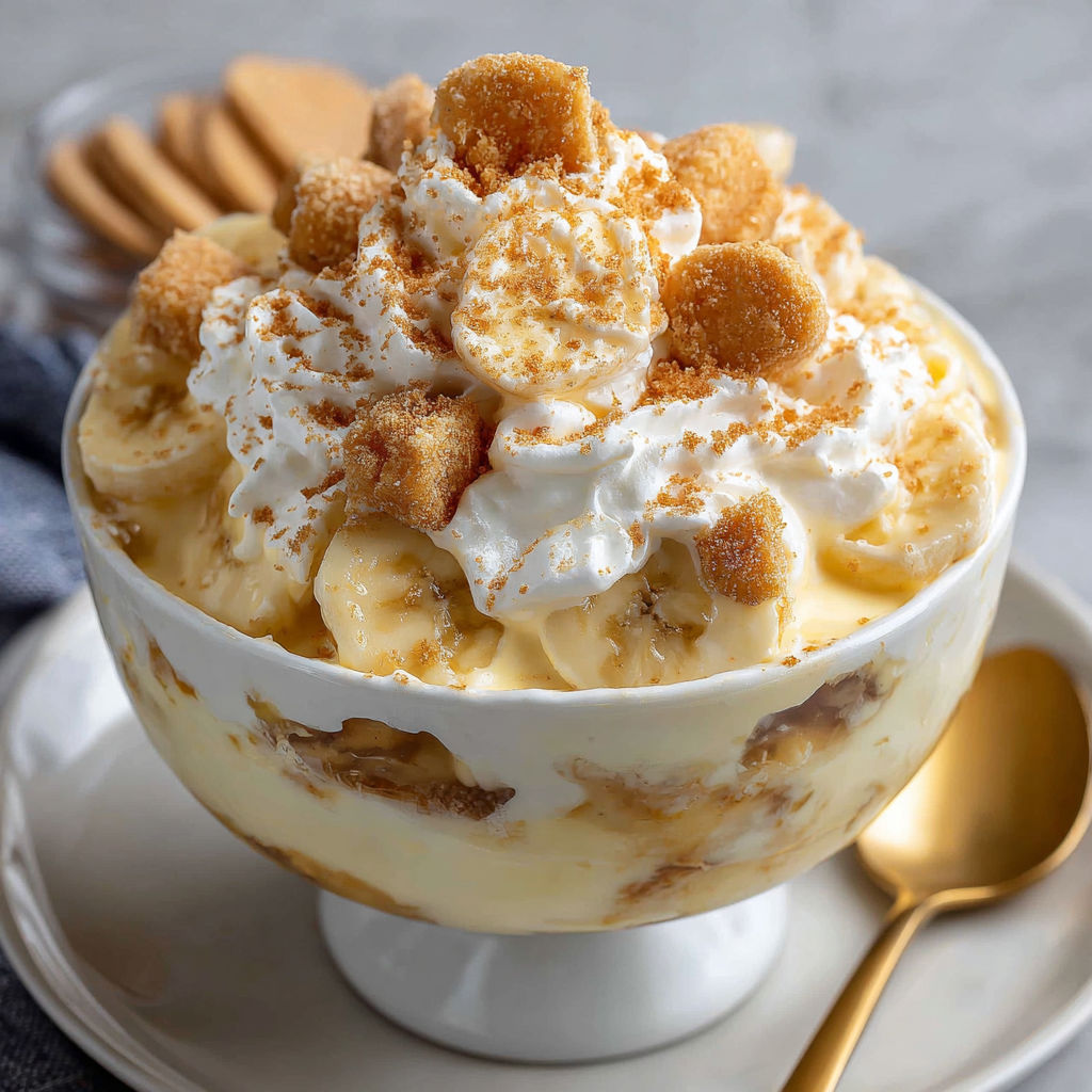 A bowl of banana cream pie with whipped cream and crumbles on top.